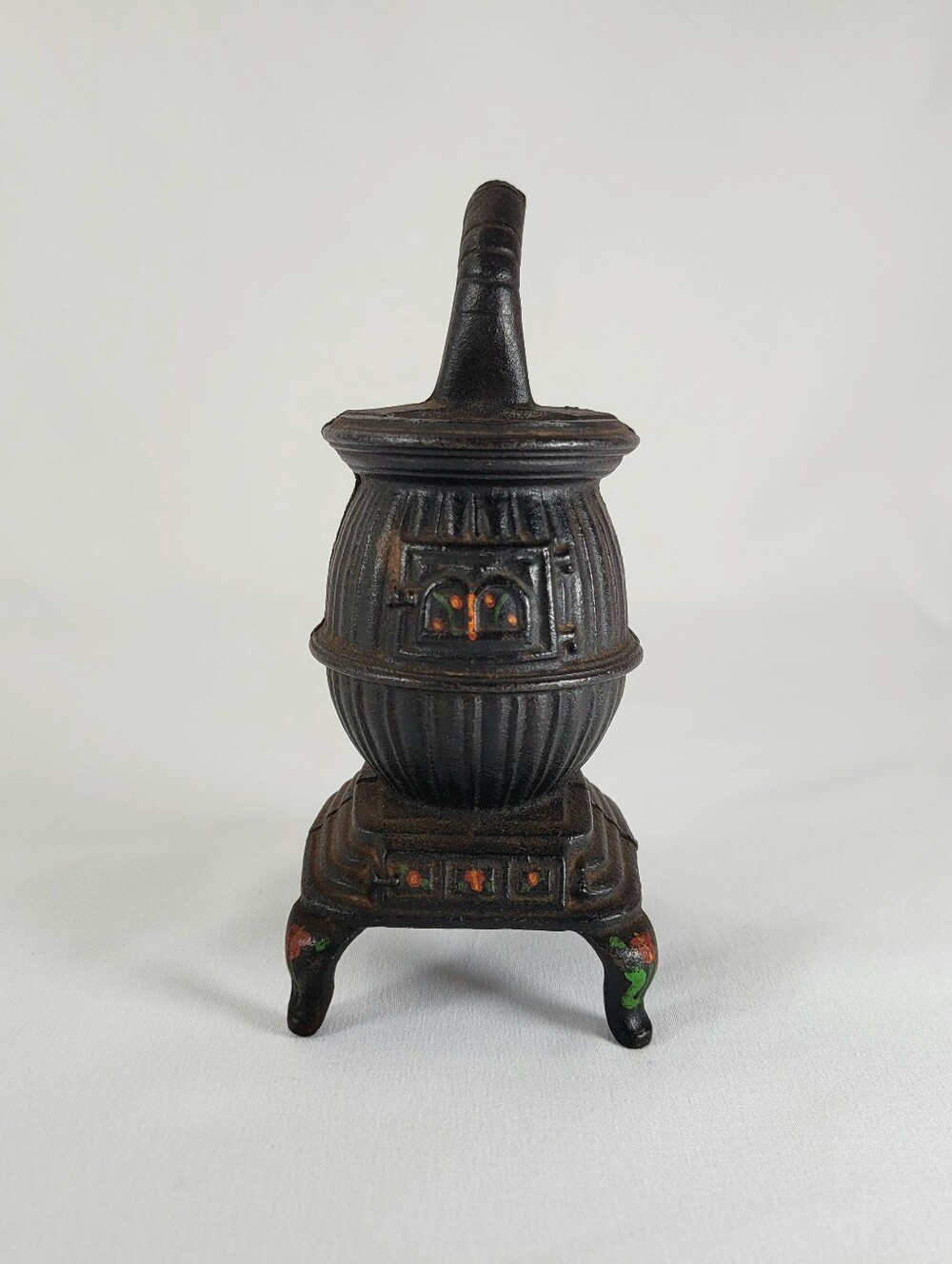 Vintage Cast Iron Pot Belly Stove Miniature Floral Design Display Figurine -Read